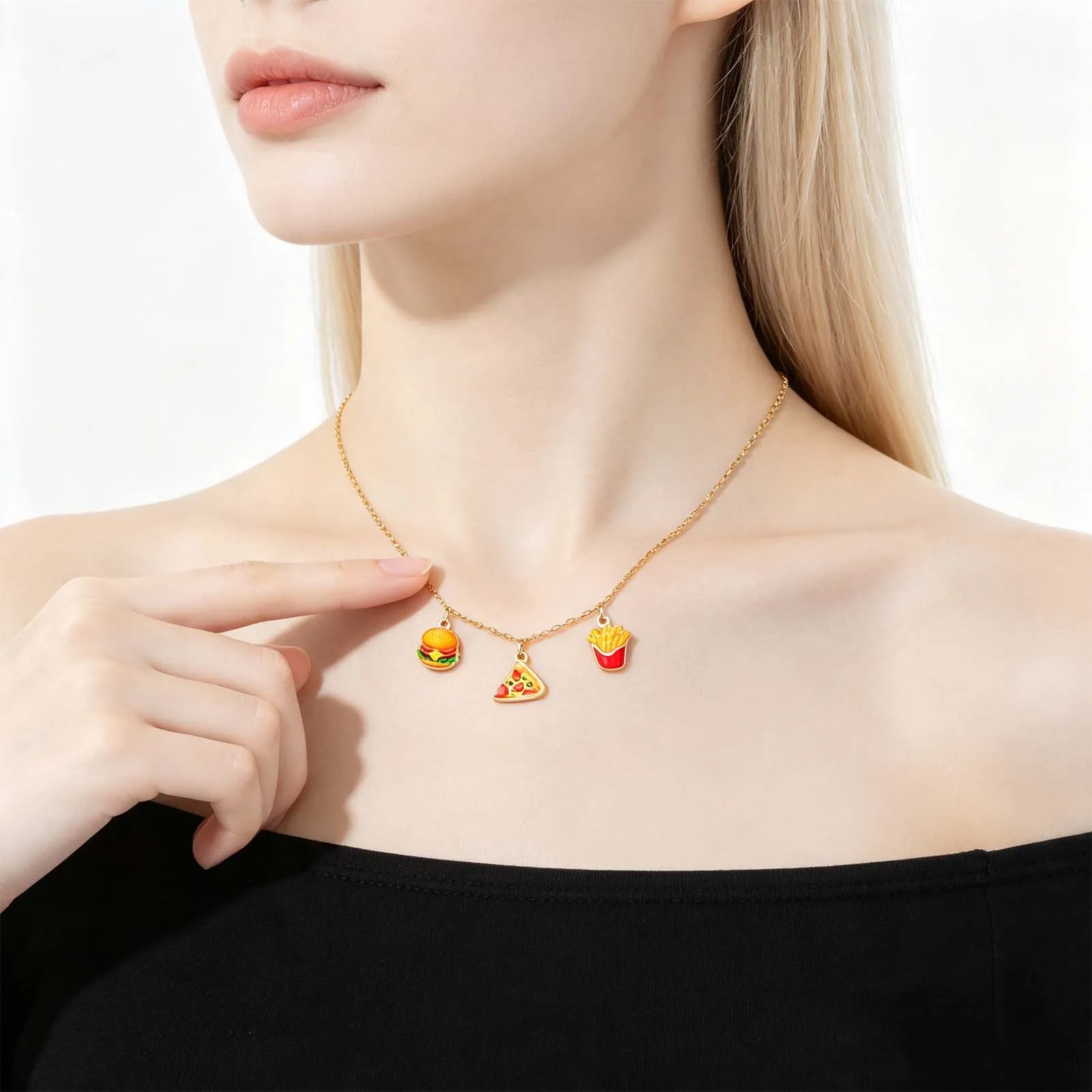 Unift Stainless Steel Hamburger Fries Pizza Necklace Colorful Pendant Necklace for Women Men Cute Fast Food Charm Choker Jewelry