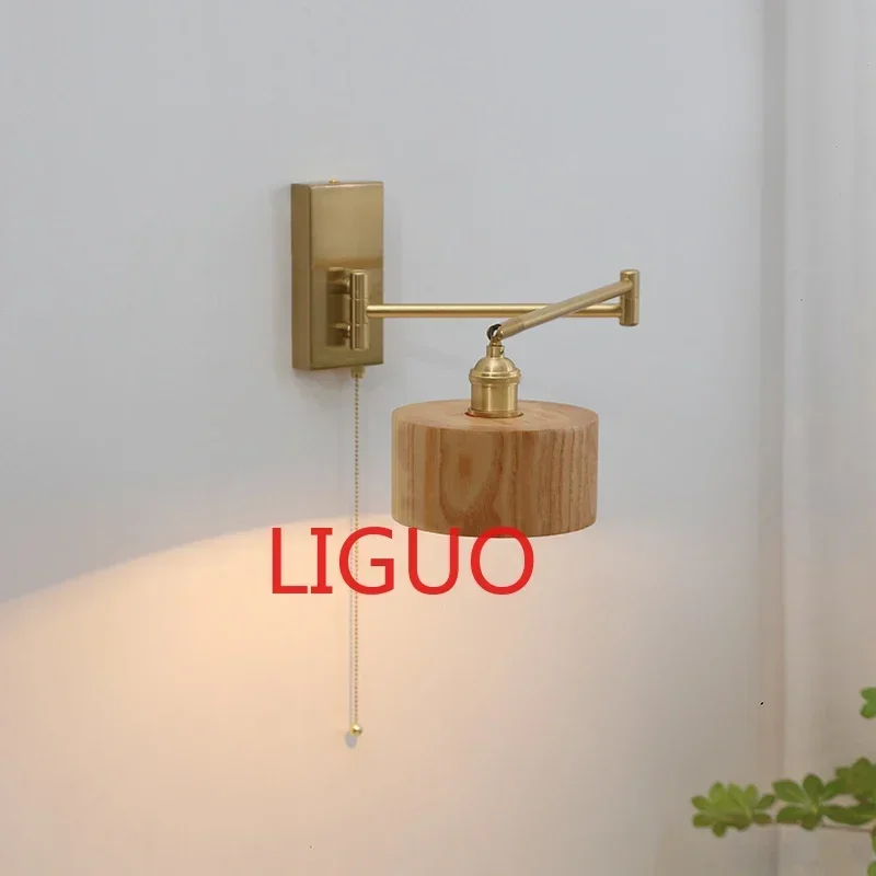 Rotate Wall Lamp Sconce Pull Chain Switch light Bedroom interior wall lamp with plug Stair Light Wooden Lampshade room decor