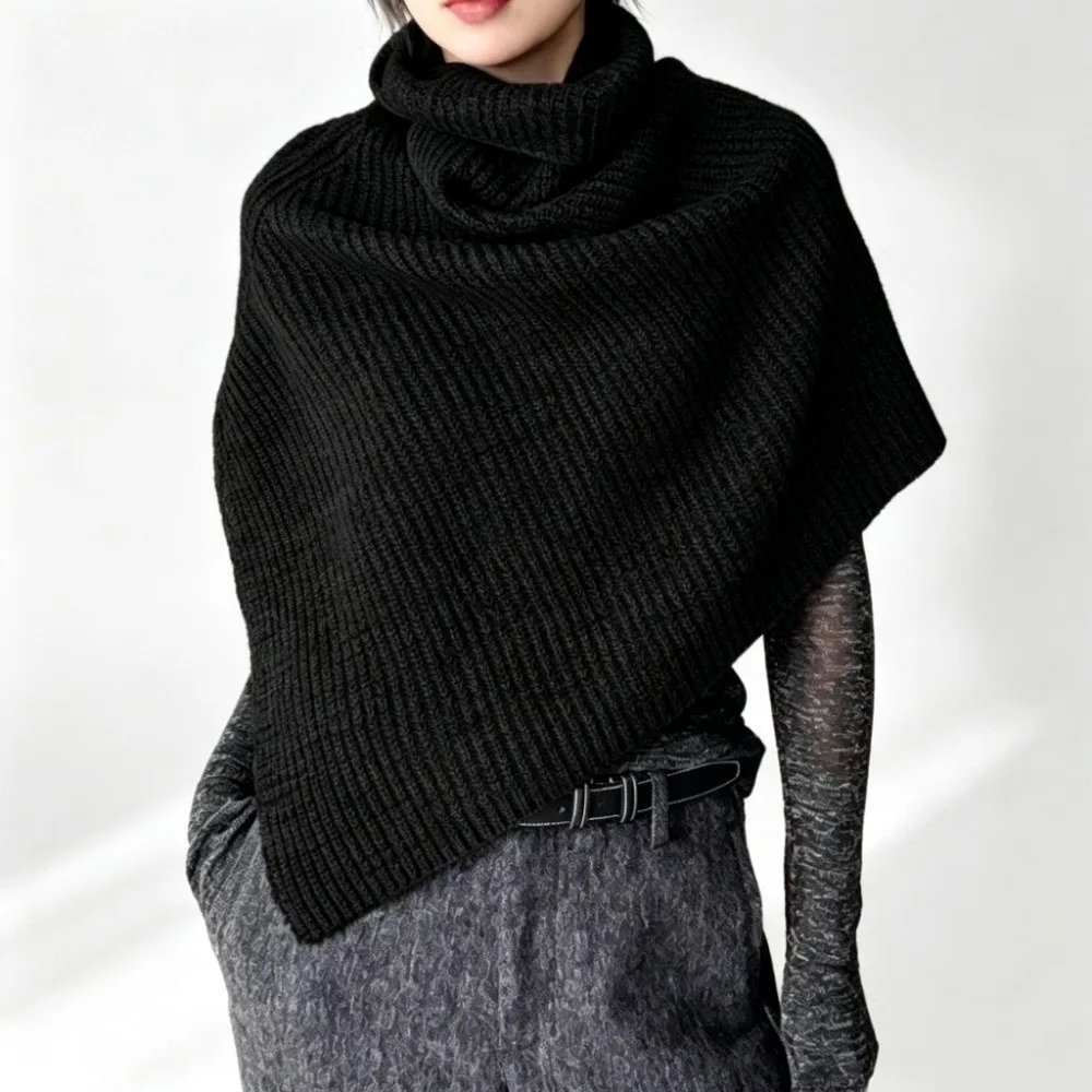 Thick Knit High Collar Scarf Pullover Style High Collar Shawl Cape Wrap Split Design Knitted Texture Split Design Poncho
