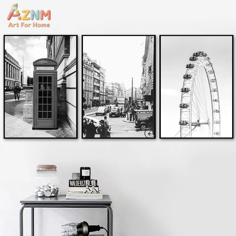 AZNM Black and White London Landmark Canvas Wall Art, Tower Bridge St Paul's Cathedral Cityscape Print, Frameless Vintage London