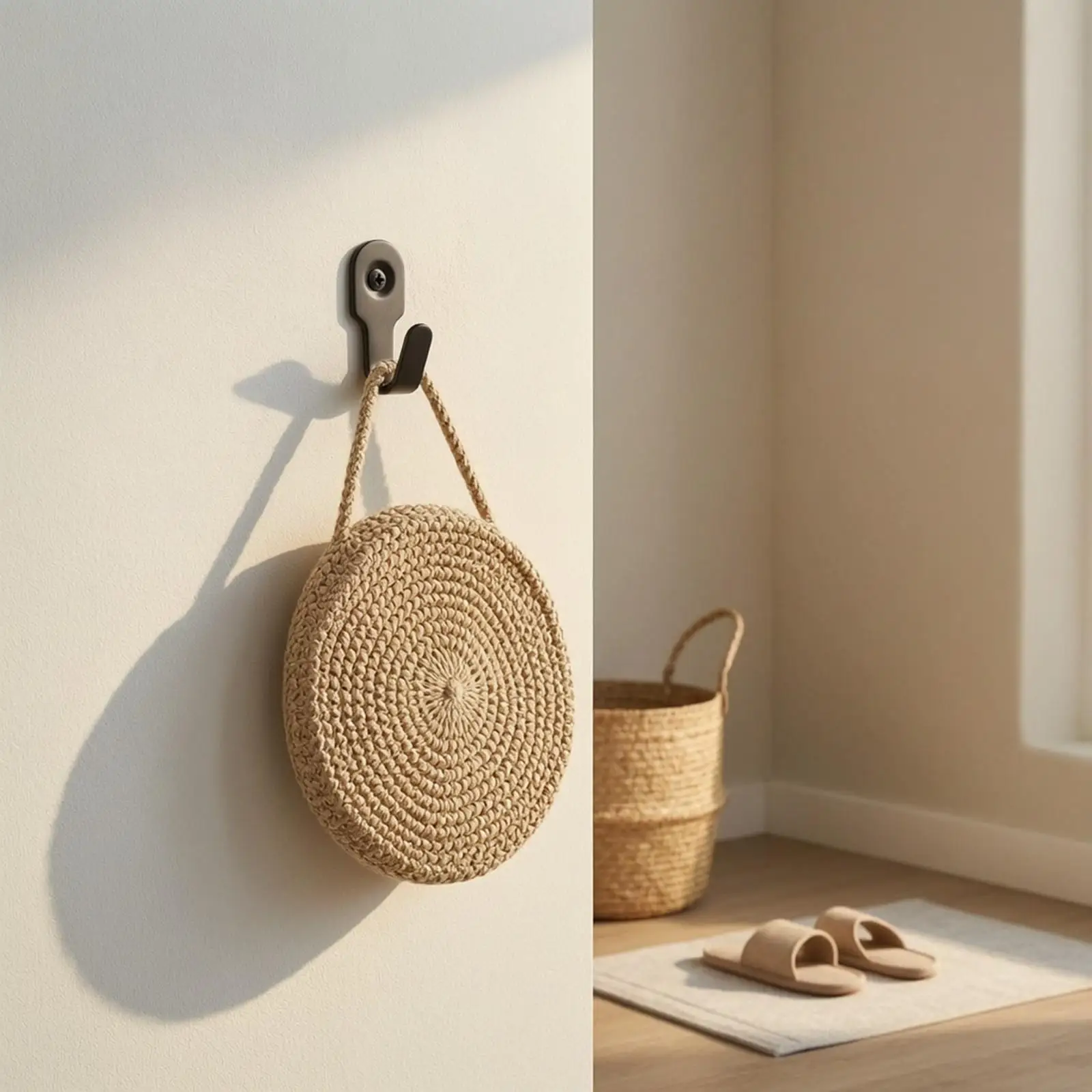 Handmade Storage Net Hanging Wall Basket with Metal Hook for Candy Fruit Toy Organizer Vertical Space Saving Home Decor