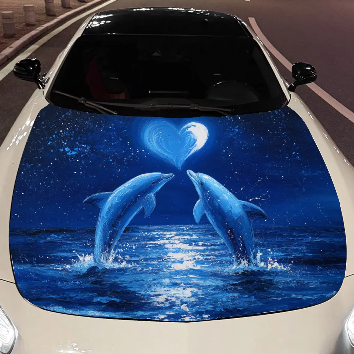 Car Decals Dolphins with Smooth Skin, Graceful Movements, Forming a Heart Shape, and a Moonlit Blue Ocean Scene Car Hood Sticker