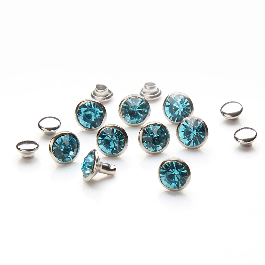 100Sets Aquamarine Double-Sided Rhinestone Rivets Studs Punk Diamond Spikes Rivets for Leather/Belt/Handbag Leather Decoration
