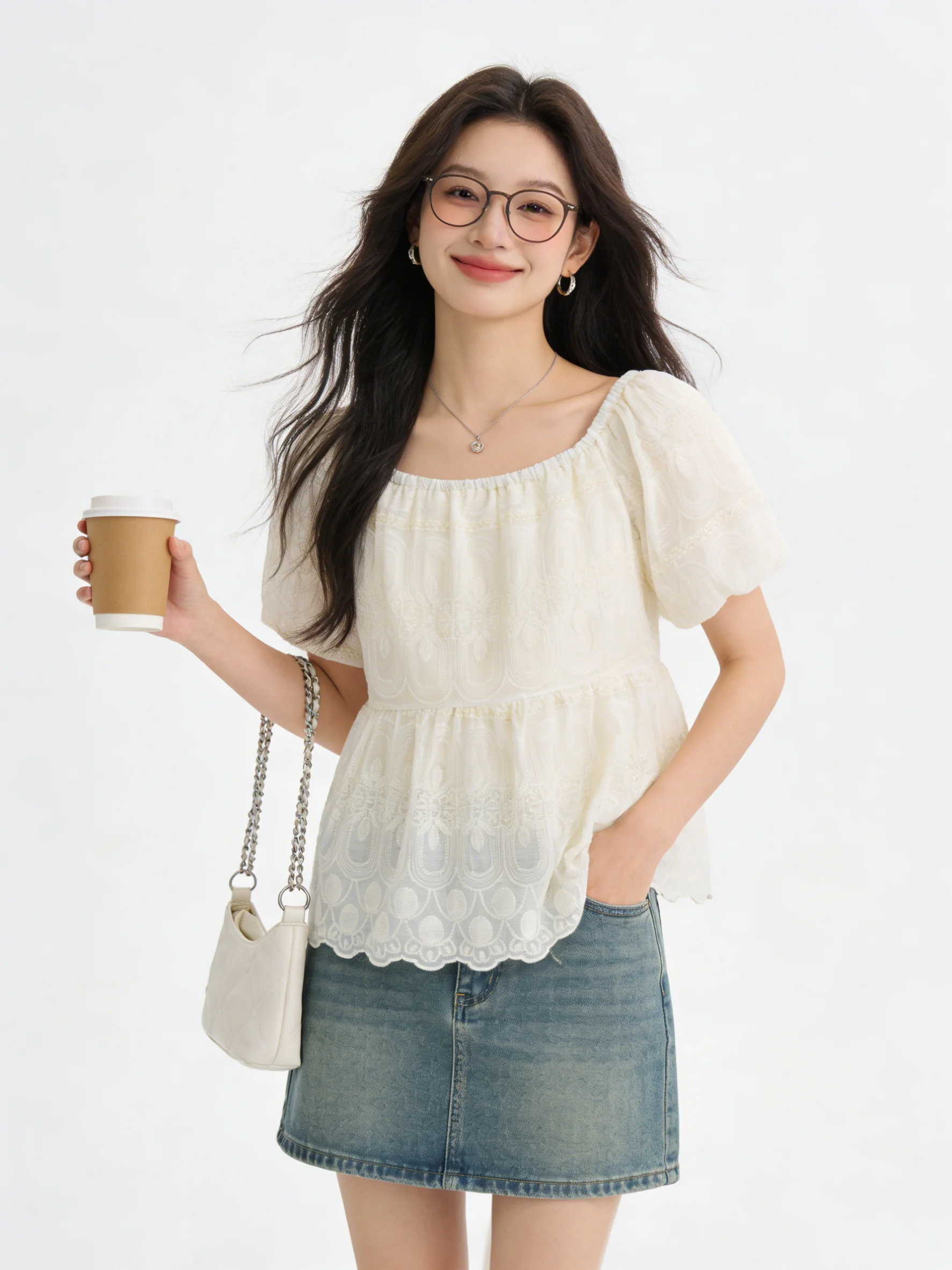 

Elegant Korean Style Bubble Sleeve Shirt Embroidered Loose Fit Breathable Casual Top for Young Women Summer Fashion 2026
