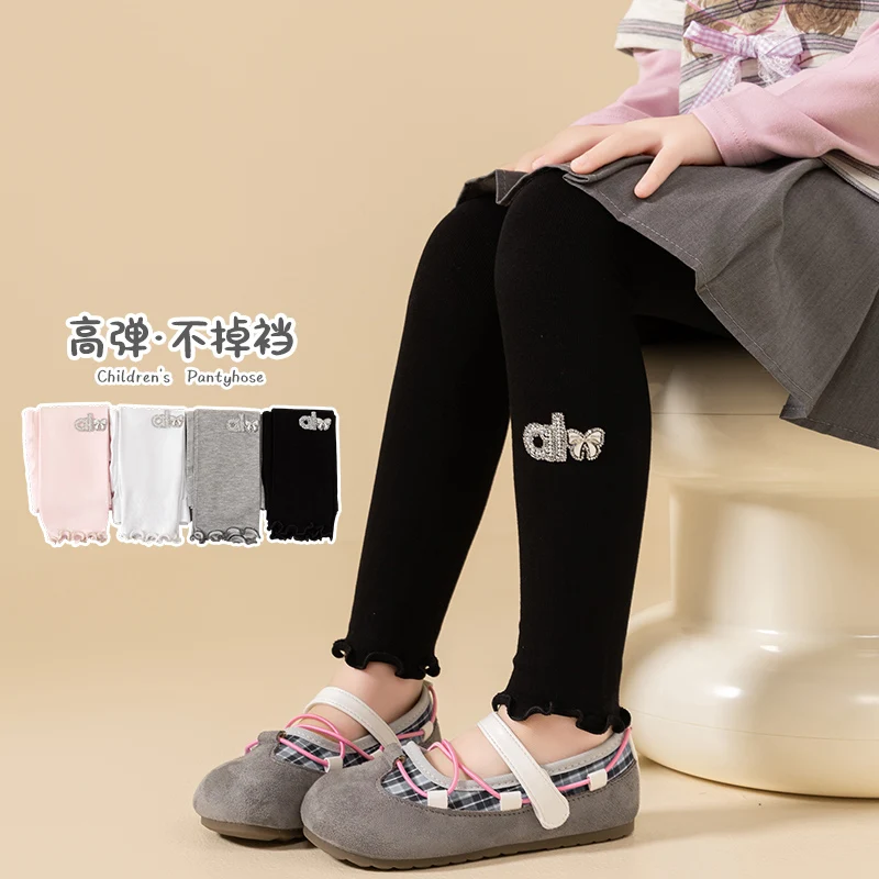 Spring Autumn Girls Nine‑Points Pants Thin Fleece Lining Cozy Solid Color Shimmer Sequin Bow Ruffled Edge Skin‑Friendly Leggings