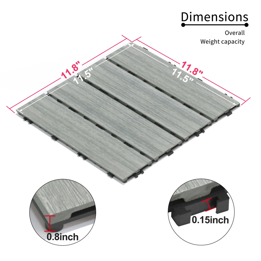 Patio Floor Tiles Pack of 11  WPC Wood-Plastic Composite Patio Deck Tiles DIY Interlocking Decking Tiles, Quick Deck Floor Tile