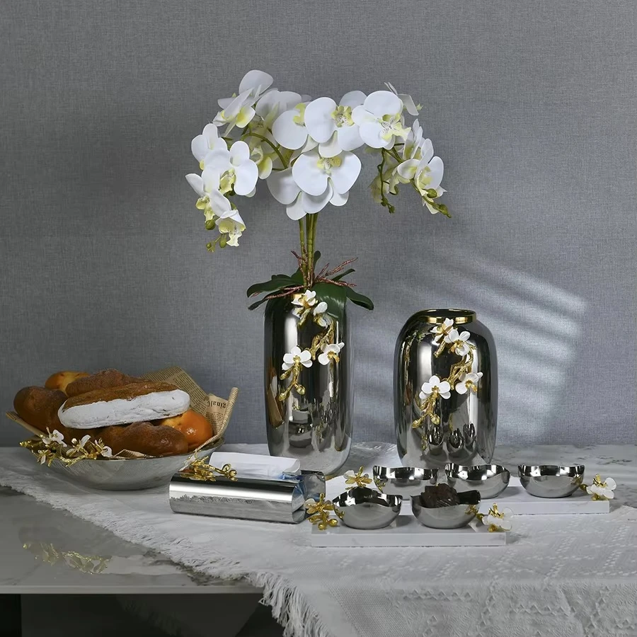 &c Home Decor Silver Ceramic Vase Decorative Tissue Box Stainless Steel Candy Dish Fruit Bowl Set with Enamel Floral Decor