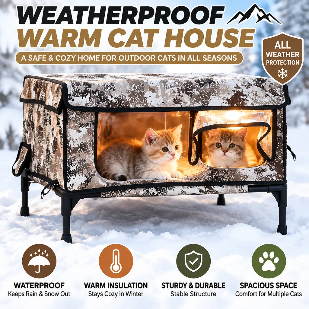 Waterproof Insulated Outdoor Cat House, Windproof Rainproof Elevated Shelter for Stray Cats, Camouflage Cat Kennel for Porch Pat