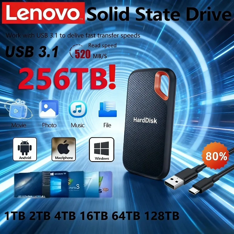 

Внешний твердотельный накопитель Lenovo E61 (SSD) 2 ТБ, 6 ТБ, 8 ТБ, 256 ТБ USB 3.1 для ноутбуков, PS5, мобильных устройств, HDD-накопитель для хранения данных
