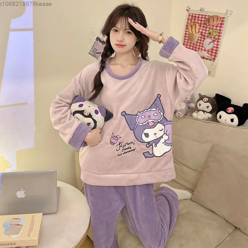 Sanrio Kuromi Cinnamoroll Cartoon Coral Plush Pajamas Sweet Cute Warm Sleepwear Women Autumn Winter New Thicken Flannel Home Set