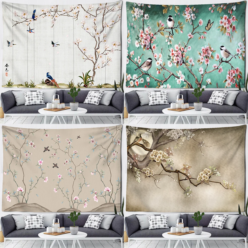 Flower Bird Oil Painting Tapestry Spring Pink Cherry Blossoms Wall Hanging Cloth Floral Sparrow Home Bedroom Decor Tapestries