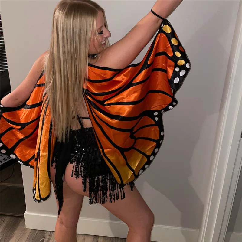 Women Fairy Elf Cosplay Outdoor Photoshoot Wedding Accessory Boho Monarch Butterfly Wings Shawl Satin Printed Butterfly Cape