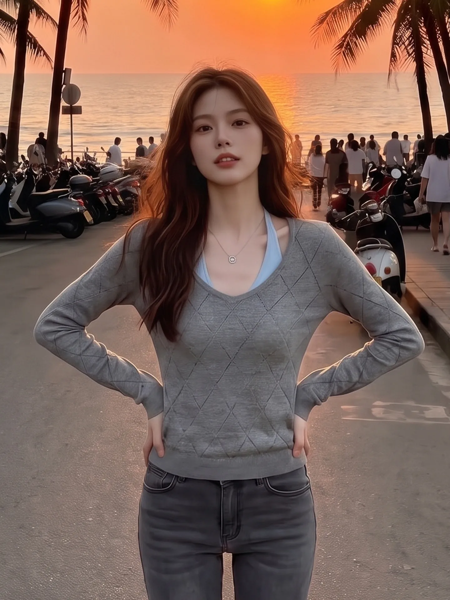 Elegant Grey Knitted Vest Women's Slim Fit Base Shirt City Walk Long Sleeve V-Neck Diamond Pattern Korean Style Fashion Top