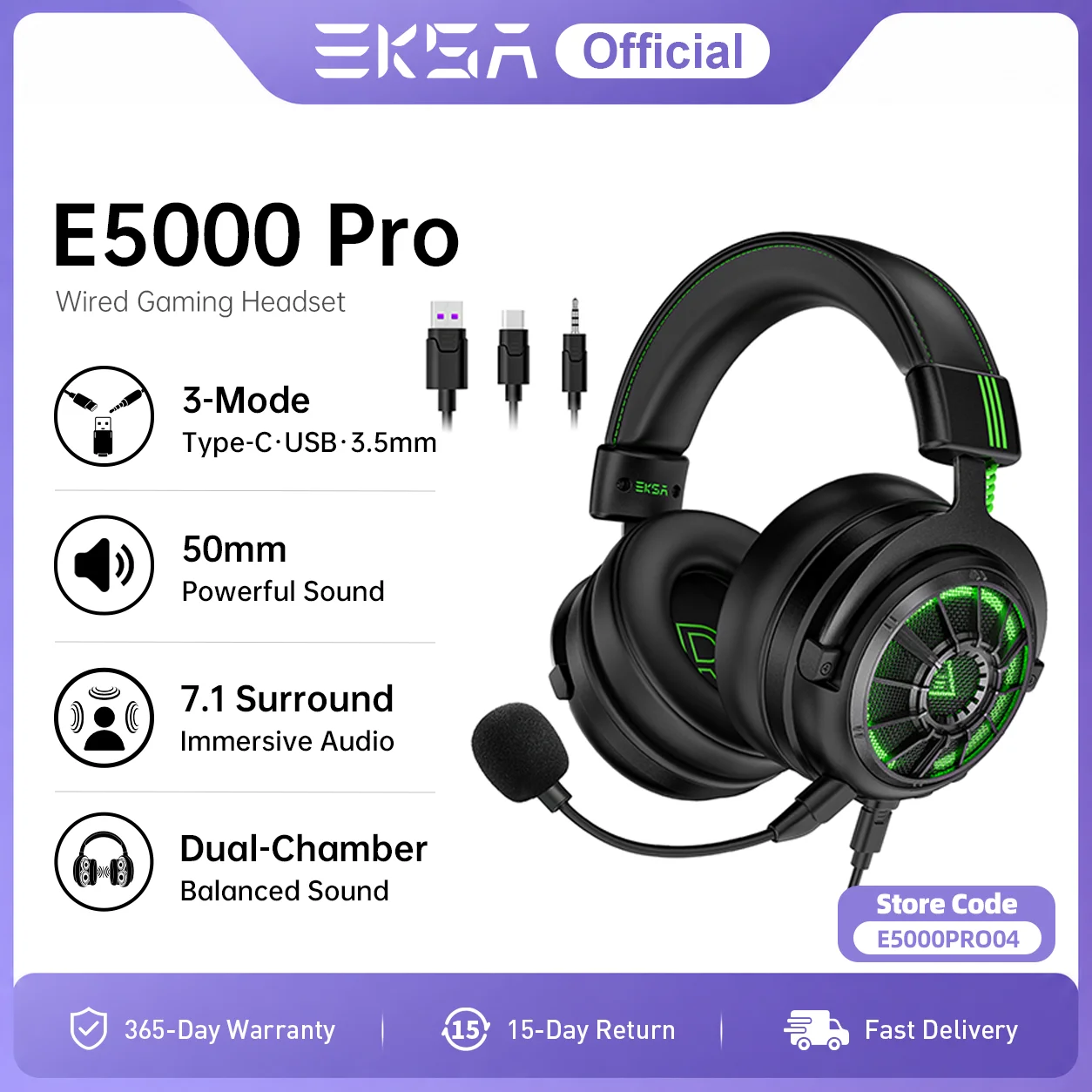 EKSA E5000 Pro Gaming Headphones 7.1 Surround Sound Wired Headset 50mm Drivers ENC Mic USB Type-C 3.5mm Detachable PC PS4 Xbox