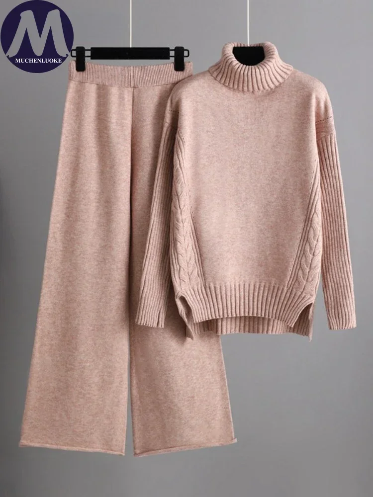Set Dua Potong untuk Wanita 2025 Musim Gugur/Musim Dingin Set Sweter Pullover Kerah Tinggi Rajutan Baru Set Celana Kaki Lebar Longgar Kasual Fashion