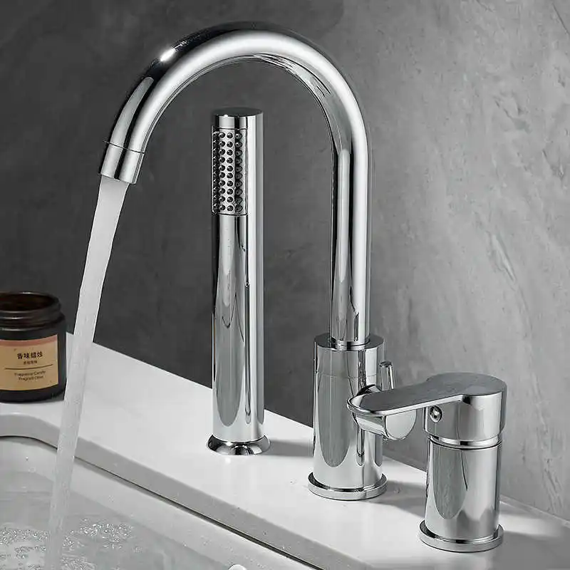 Bathroom Bathtub Shower Faucet with Swivel Tub Spout and Handhold Shower Brass Wall Mounted Hot Cold Water Mixer Bath Tap