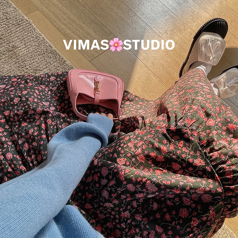 

VIMAS Romantic Floral Asymmetrical Hemline Skirt Korean Sle High Waist Cotton Blend Casual A-Line Skirt for Women