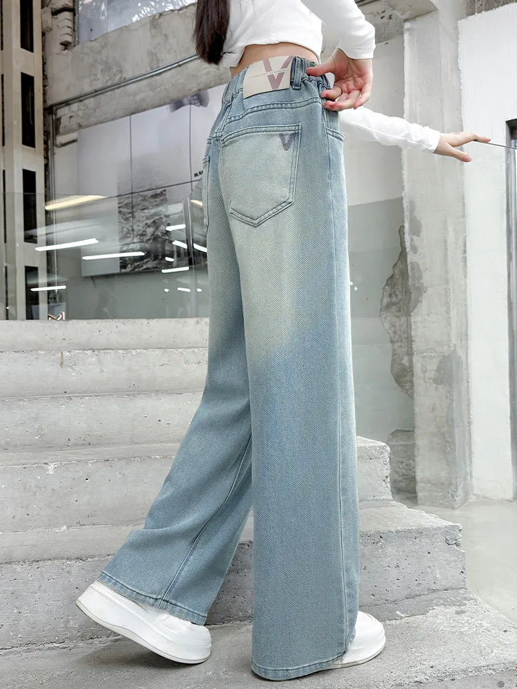 بنطال جينز أزرق فاتح مغسول للفتيات سروال دينم مستقيم الساق سروال شتوي طويل مناسب للأعمار من 7 إلى 14 عامًا #3