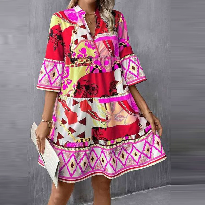 Sexy bedruckte Patchwork Party Bohemian Kleider Damen elegante Pagode Ärmel Büro Mini Abendkleid 2024 Herbst Urlaub Kleid