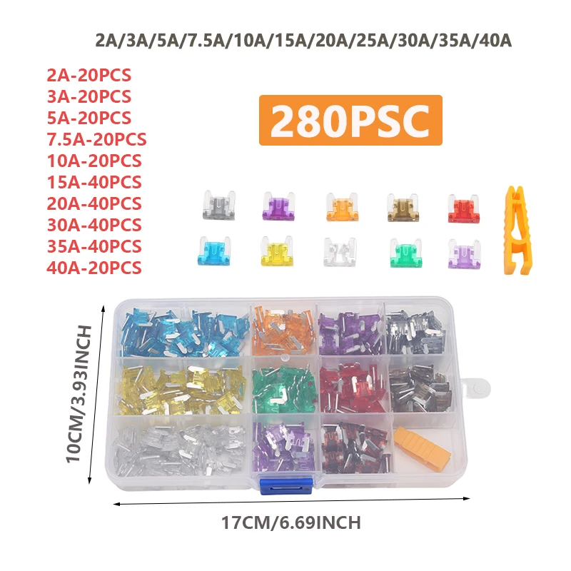 280 Stück Mikro-Mini-Sicherungen + Sicherungsentferner, Mini-Flachstecksicherungen Standardtyp, speziell für Kleinwagen, Sicherheitsschutz für Stromkreise, Multi-Ampere-Sortiment (2A-40A) - All-in-One-Autosicherungssatz – Detail 2