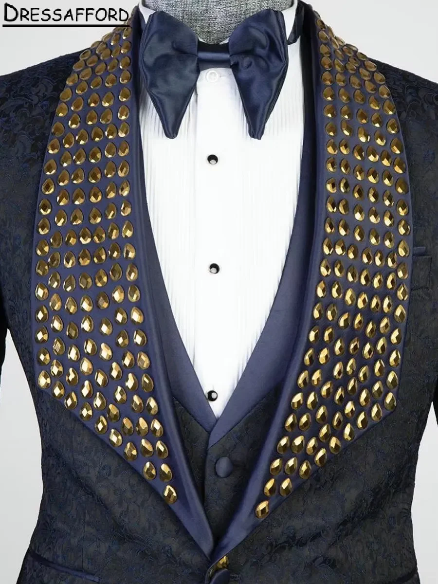 Navy Blue Glitter Crystal Evening Party Men Suits Jacquard Weave Two Pieces Blazer Groom Wear ( Jacket + Pants )