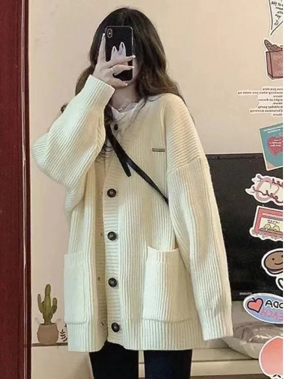 Gray Knitted Loose Sweater Coat Women's V-neck Autumn Winter New Style Lazy Fashion High-grade Open Cardigan Long Sleeve