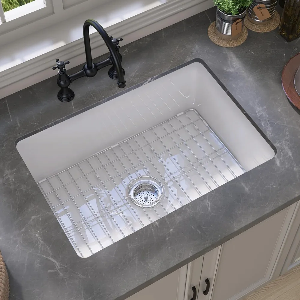 

27 Inch Fireclay Porcelain Farmhouse Sink, White Undermount Single Bowl, Drop-in or Topmount Installation