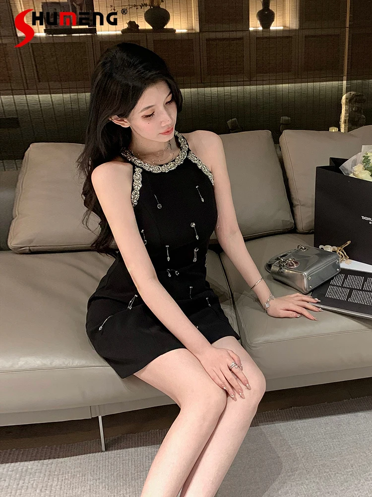 

2024 Summer Fashion Feminine Socialite Light Luxury Dresses Women's Round Neck Diamond-Embedded Waist Pullover A- Line Dress