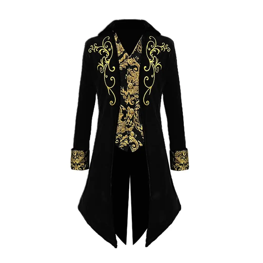 Mens Medieval Embroidery Jacket Steampunk Tailcoat Fake Two Piece Waistcoat Gothic Tuexdo Trench Frock Coat Carnival Costume