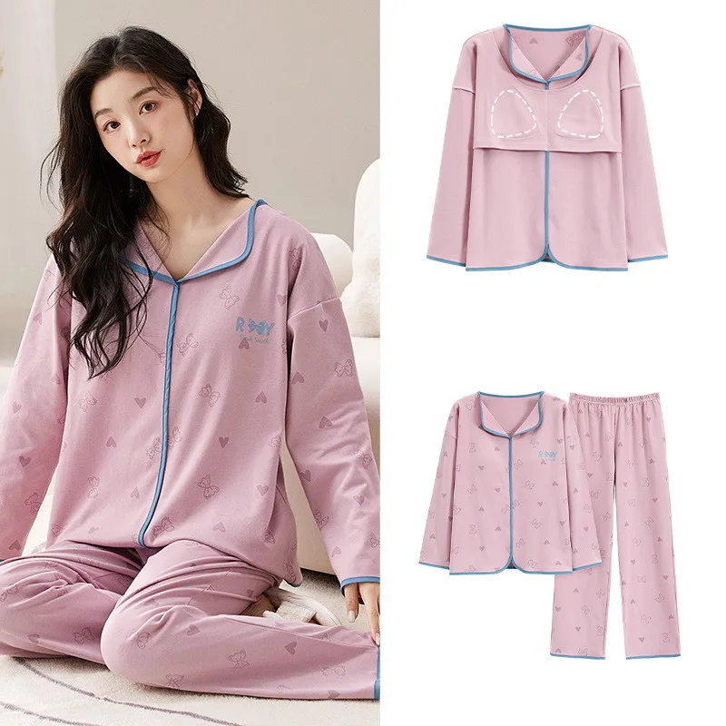 Casual Chest Pad Cotton Pajamas For Women Lapel Long Sleeve Shirt Pant Suit Bra Sleepwear Pijamas Set Female Autumn Winter