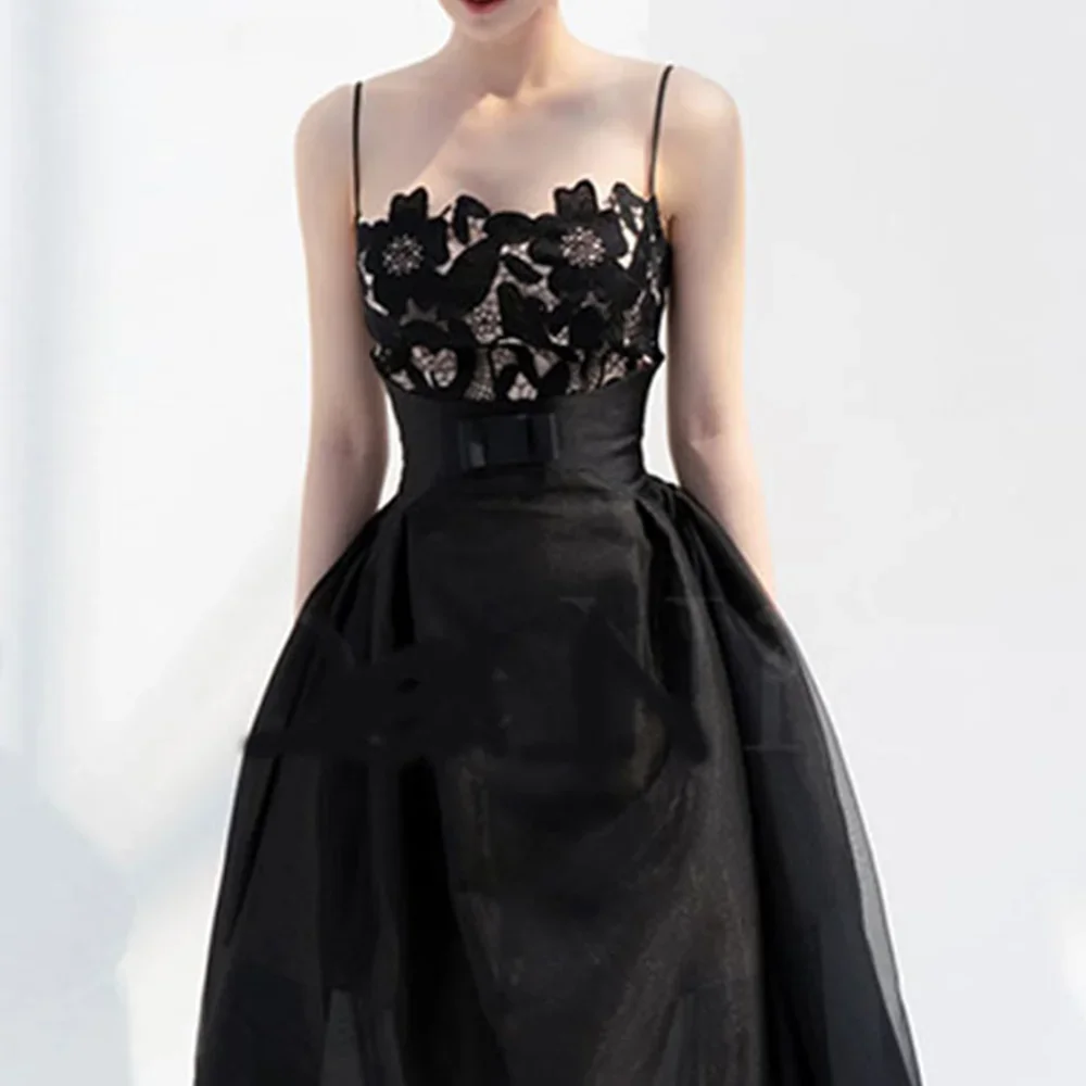 

Black Organza Dress Women Summer Sleeveless High Waist Embroidery Dresses Female Vestidos Lace Vintage Party Clothing L
