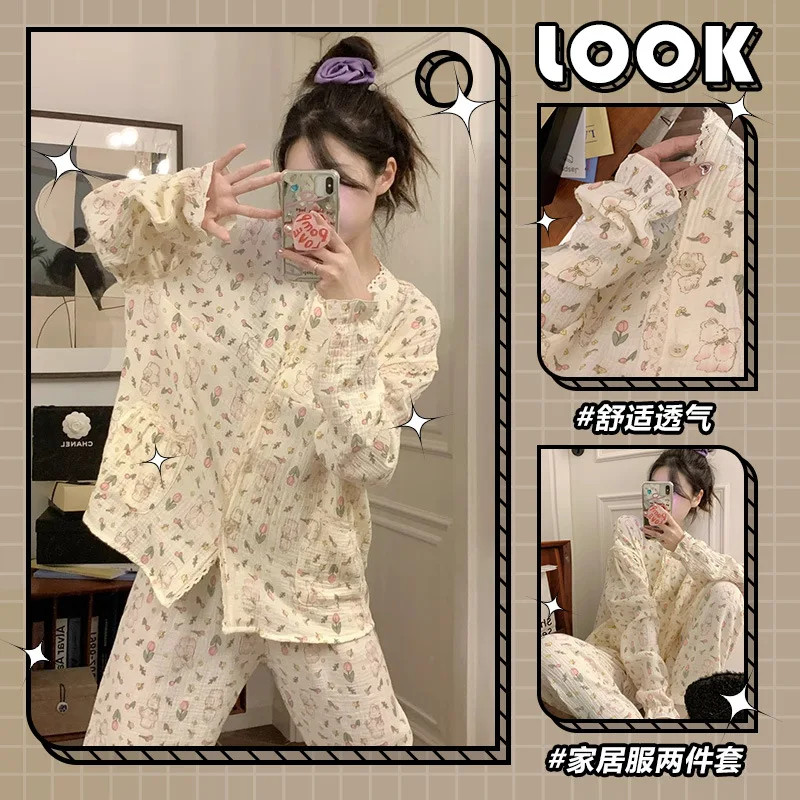 New Spring Autumn Women Pajamas Crinkle Cotton-style Girls Fabric Collared Cartoon Homewear Bunny Design Long-sleeve Pants Set