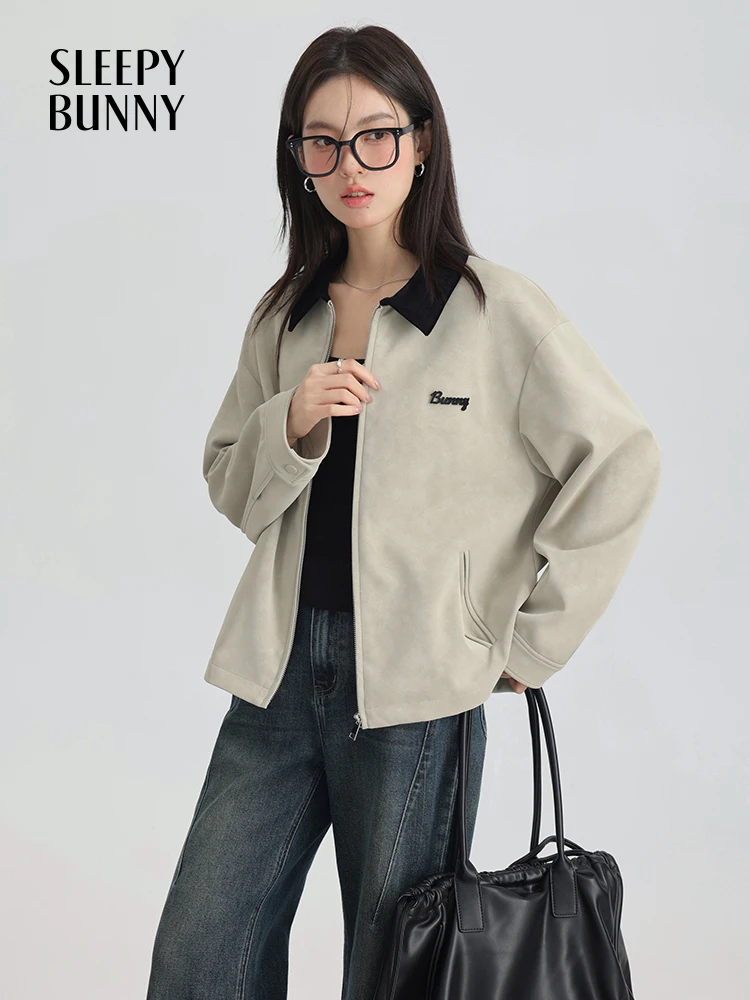 

Faux Suede Corduroy Patchwork Jacket Women Vintage Loose Fit Zip Up Outerwear with Contrast Collar Casual Coat Spring Commuting