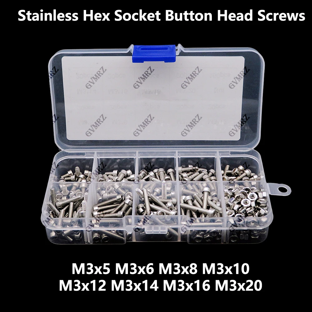 340 Stück M3 M3x5 M3x6 M3x8 Edelstahl-Innensechskantschrauben mit Flachkopf, Inbusschrauben, Muttern-Sortiment-Set M3x10 M3x12 M3x14 M3x16 M3x20
