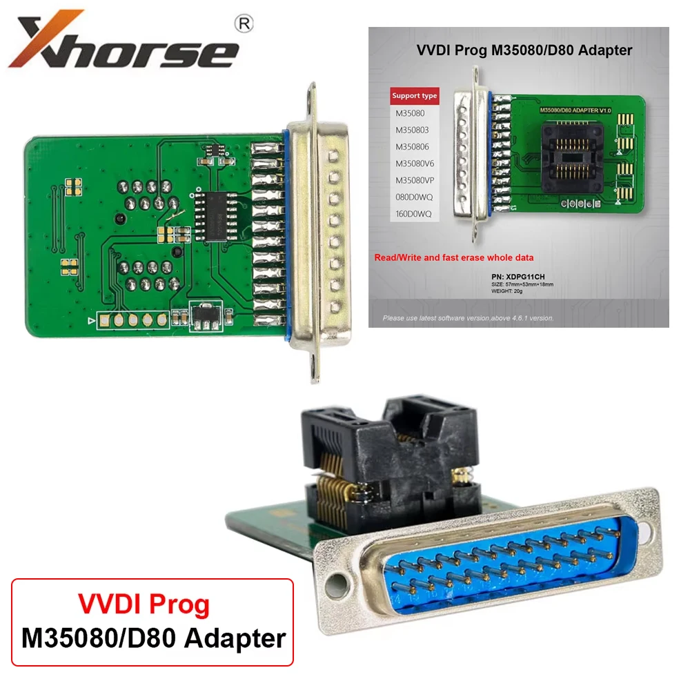 

Адаптер Xhorse M35080/D80 V1.0 для программатора VVDI PROG, совместимый с M350803, M350806, M35080V6, для чтения, записи и быстрого удаления всей информации.