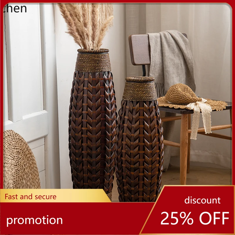 

HXL retro ins straw rope woven vase rattan bamboo woven PE rattan glass dried flower arranger flower basket living room