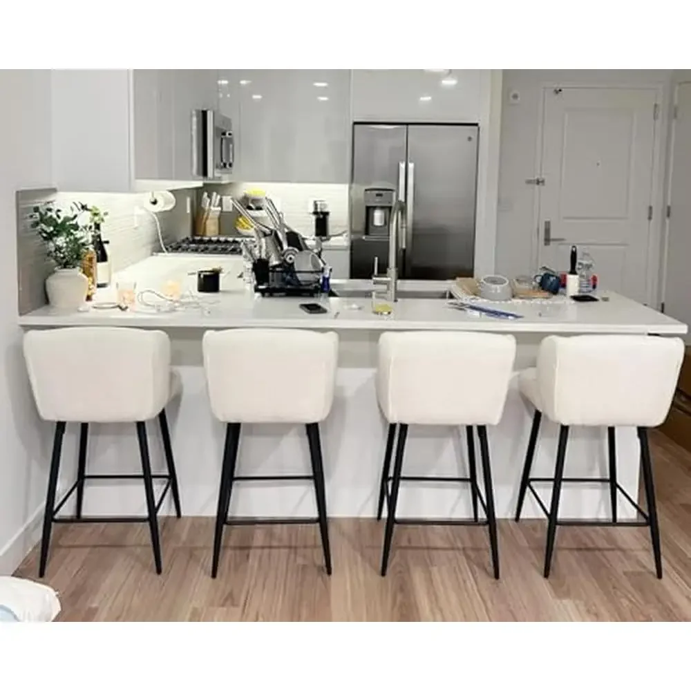 Modern Faux Sherpa Upholstered Counter Height Bar Stools Set of 4 with Backrests Kitchen Island Dining Room 26 Inch Height Metal