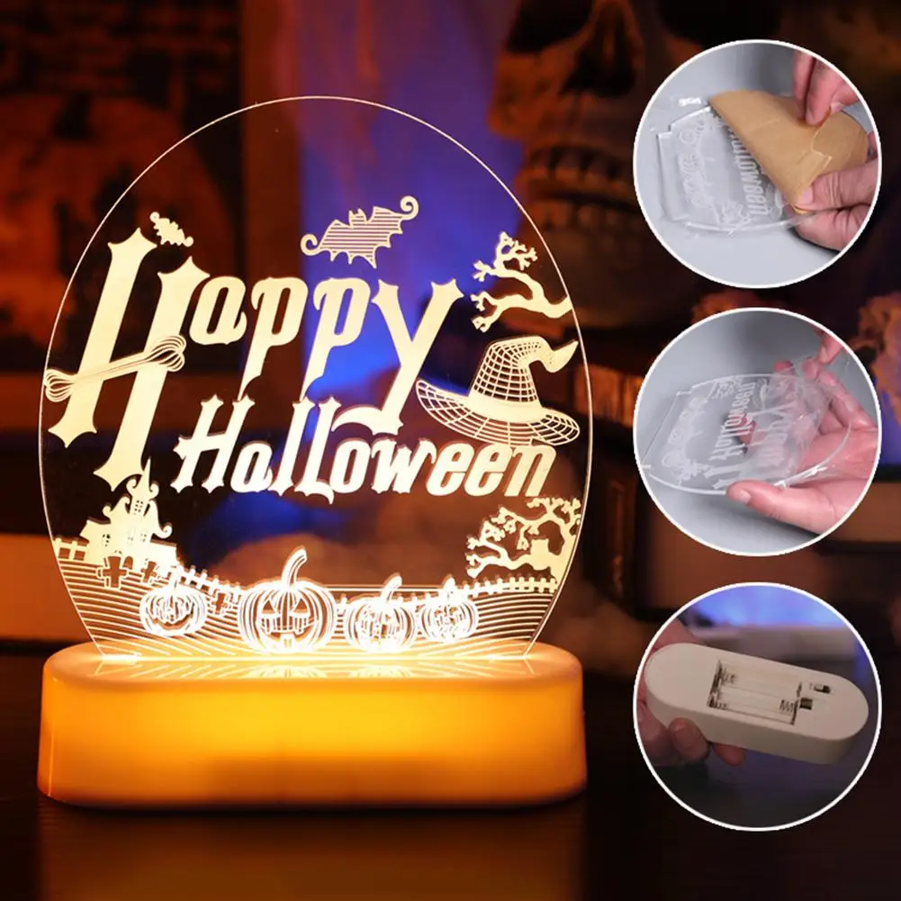 Lampu malam Halloween, lampu malam Halloween, tengkorak labu warna-warni, lampu meja ilusi akrilik 3D, ornamen lampu dekorasi pesta