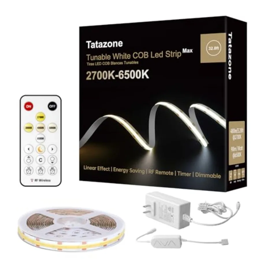 

Tunable White COB Led Strip Light with RF Remote CRI93+ Dimmable CCT 2700K-6500K COB Led Tape Lights Adhesive High Density Dual