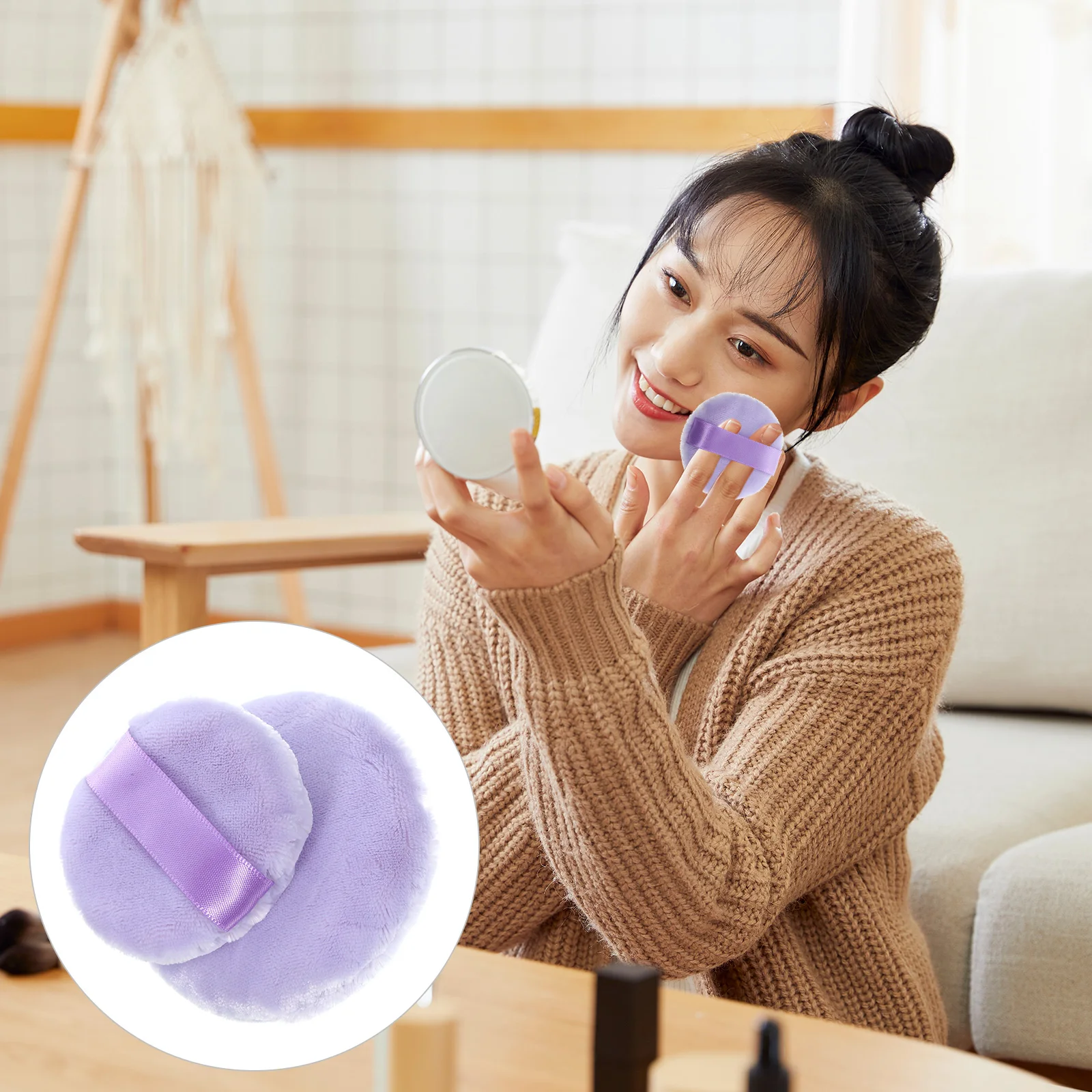 

2 pcs Round Makeup Small Powder Puff Portable For Face Loose Powder Women Double Sided Finger Strap Travel Friendly