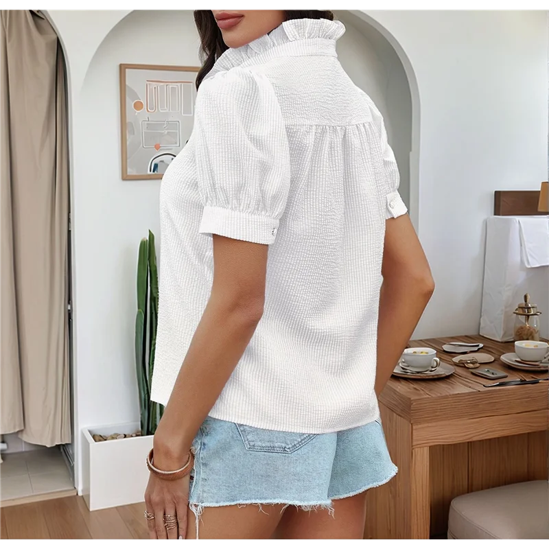 

FX-Women's Striped Button Front Shirts Mock Neck Short Sleeve Office Blouse Tops