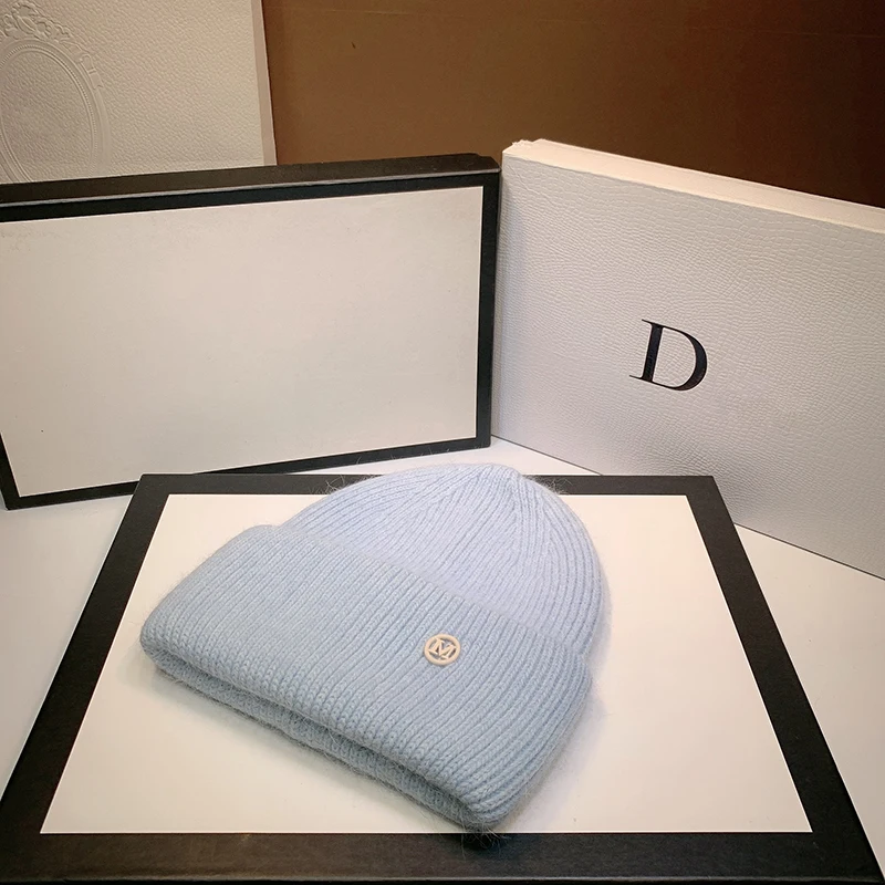Rabbit Fur Beanies Fluffy Black White Winter Hat for Women Ear Warm Knitted Hat Skullies Beanies Female Bonnet Woman M Knit Cap, image 7