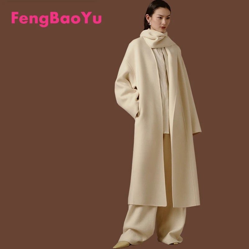 

Double-sided Cashmere Women's coat Autumn and Winter White Scarf Design Long Coat Outdoor Warm Loose Comfortable Plus Size 3XL