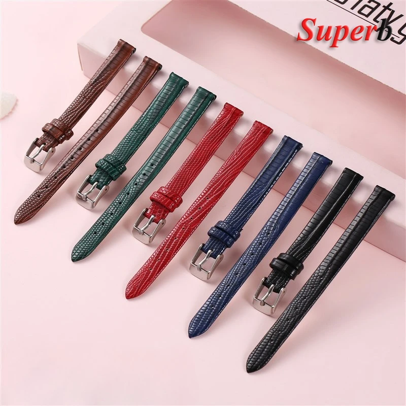 Slim Leather Watch Strap 8mm 10mm 12mm 14mm Lizard Pattern Leather Wristbelt Waterproof Wrist Band Men Women Universal Bracelets