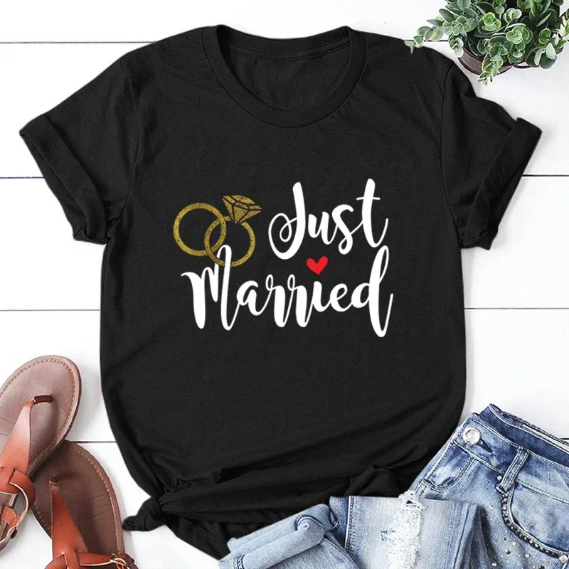 Just Married Honeymoon T-shirt Newlywed Wedding Shirt Wife and Hubs Clothing Just Married Couples T-shirts Tops Tee Short Sleeve