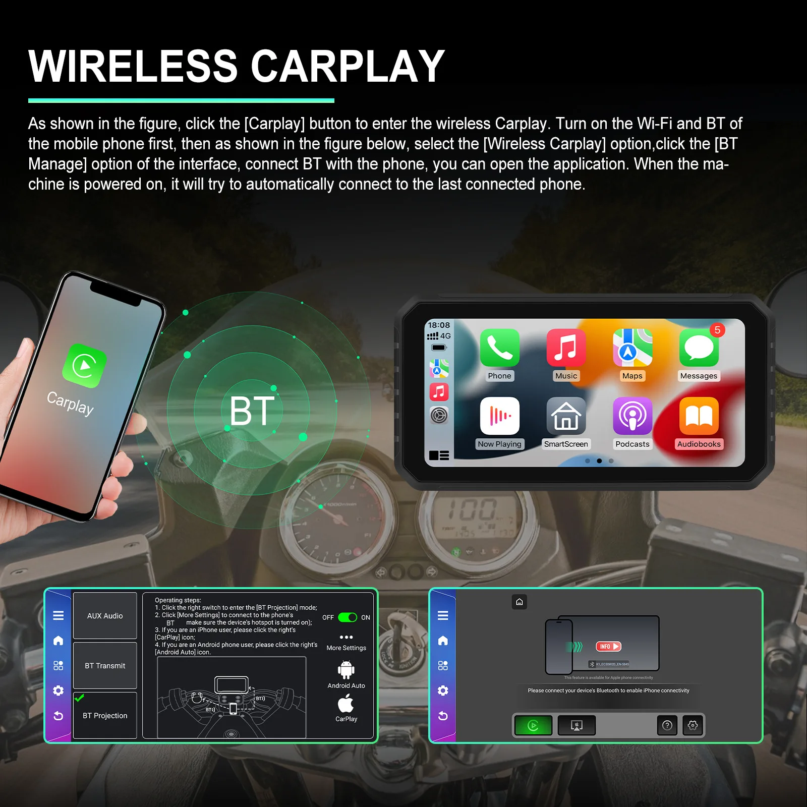 방수 안드로이드 13.0, 6.2 인치 터치 스크린 오토바이 스마트 플레이어, 지지대 카플레이, 안드로이드 자동 와이파이