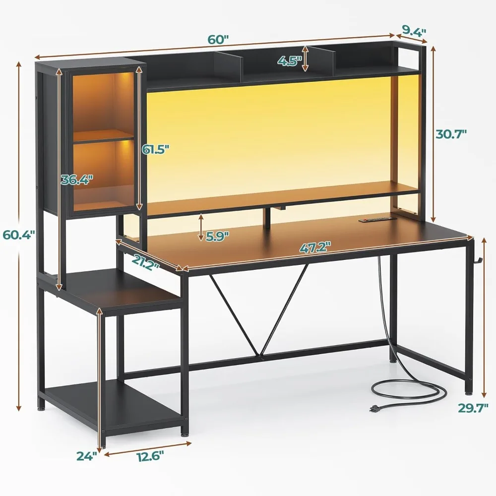 مكتب ألعاب، مكتب ألعاب 60 بوصة مزود بمصباح LED، مكتب كمبيوتر مع أرفف تخزين، مكتب ألعاب كمبيوتر كبير مع شاشة C