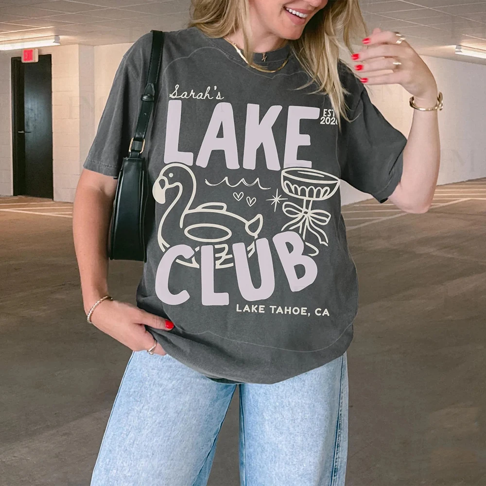 Personalized Lake Bachelorette Matching T‑Shirt Custom Name Year Place Flamingo Lake Club Print Comfort Camp Bach Group Tee