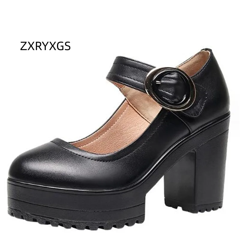 ZXRYXGS Premium Full Genuine Leather Model Runway Shoes Thick Heels 6/8 /10 Cm New 2024 Spring Women Pumps Black Small Plus Size