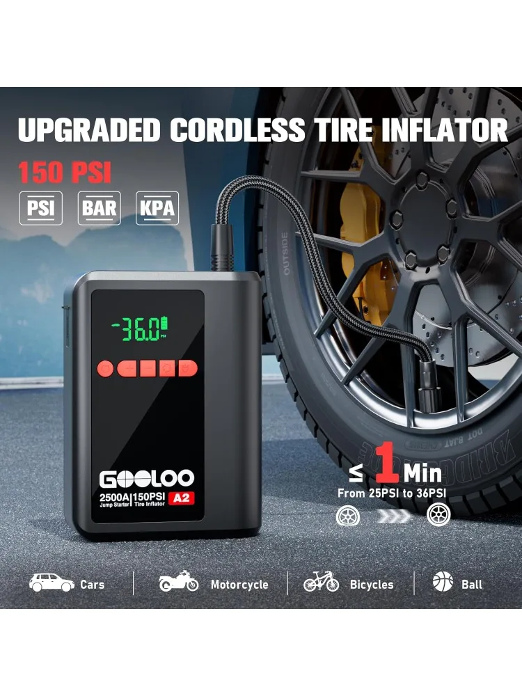 A2 8-in-1 Jump Starter مع ضاغط هواء، معزز بطارية السيارة 2500 أمبير (حتى 8 لتر غاز/6 لتر ديزل) 150 رطل لكل بوصة مربعة إيقاف تلقائي لاسلكي